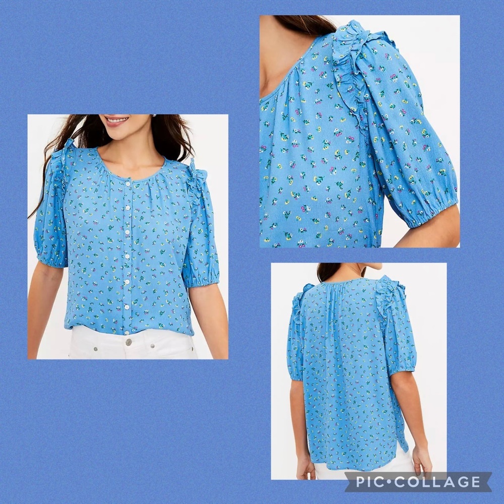 WOMEN LOFT Floral Shirred Puff Sleeve Blouse Small